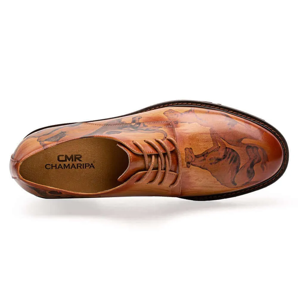 6CM /2.36 Inches - CMR CHAMARIPA Handcrafted High Heel Men Dress Shoes - Hand-Painted Leather Elevator Shoes - Brown Animal Pattern Wholecut Oxfords