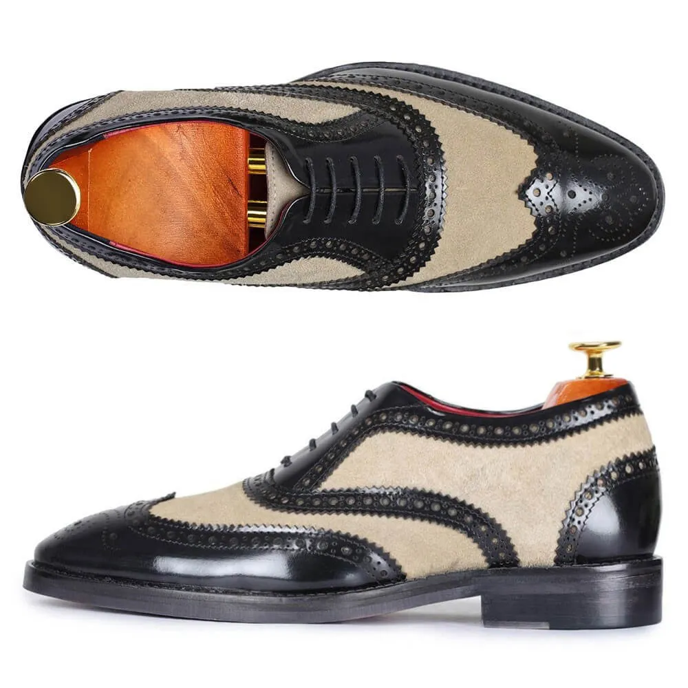 7 CM / 2.76 Inches - CMR CHAMARIPA Height Increasing Dress Shoes - Shoes With Raised Heel - Black And Suede Wingtip Brogue Handcrafted Oxfords