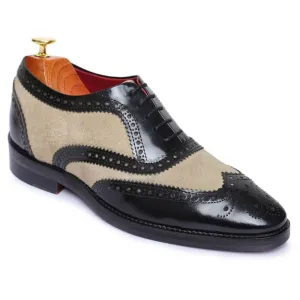 7 CM / 2.76 Inches - CMR CHAMARIPA Height Increasing Dress Shoes - Shoes With Raised Heel - Black And Suede Wingtip Brogue Handcrafted Oxfords