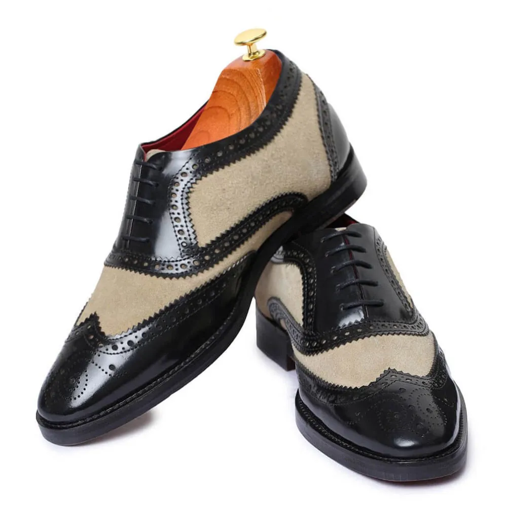 7 CM / 2.76 Inches - CMR CHAMARIPA Height Increasing Dress Shoes - Shoes With Raised Heel - Black And Suede Wingtip Brogue Handcrafted Oxfords