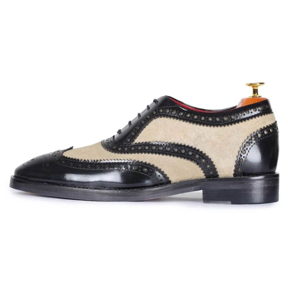 7 CM / 2.76 Inches - CMR CHAMARIPA Height Increasing Dress Shoes - Shoes With Raised Heel - Black And Suede Wingtip Brogue Handcrafted Oxfords