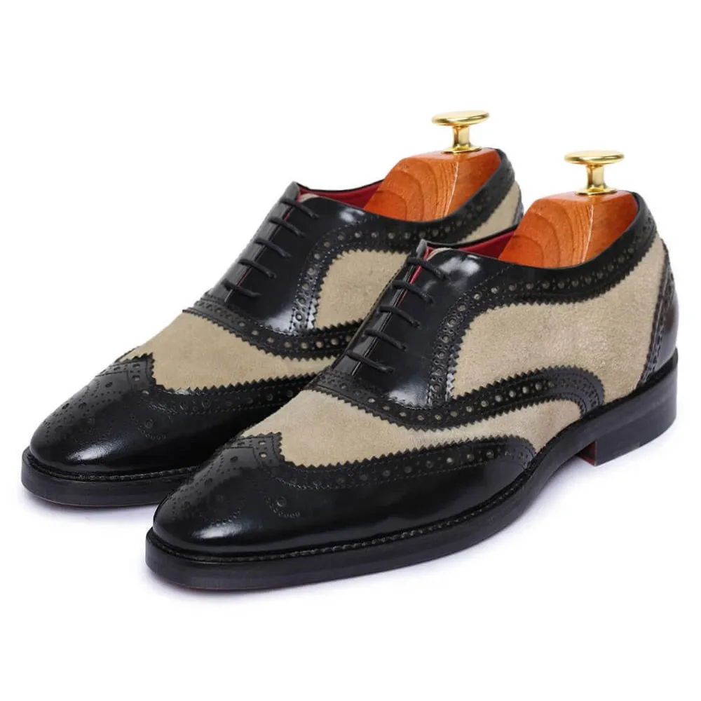 7 CM / 2.76 Inches - CMR CHAMARIPA Height Increasing Dress Shoes - Shoes With Raised Heel - Black And Suede Wingtip Brogue Handcrafted Oxfords