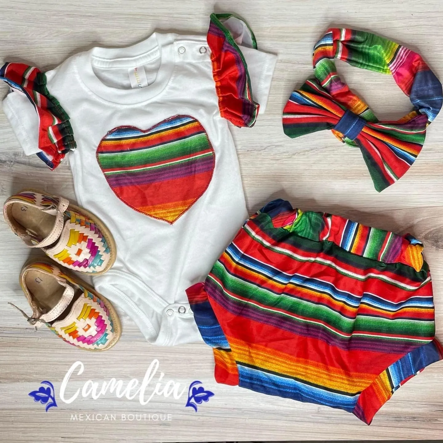 Baby Girl Mexican Onesie with Shorts - Sarape Heart