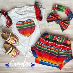 Baby Girl Mexican Onesie with Shorts - Sarape Heart