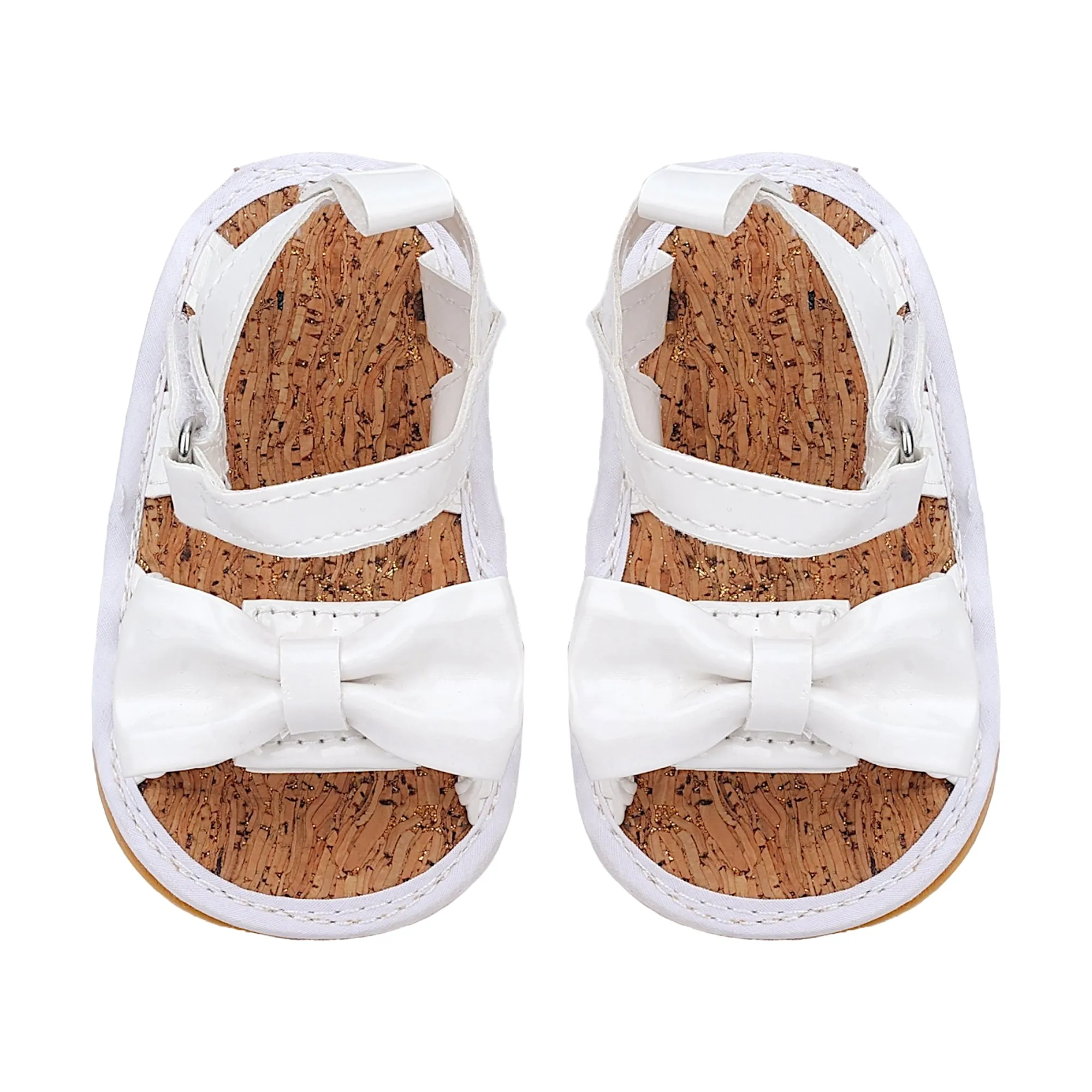 Baby Moo Partywear Patent Leather Bow Velcro Strap Anti-Skid Sandals - White