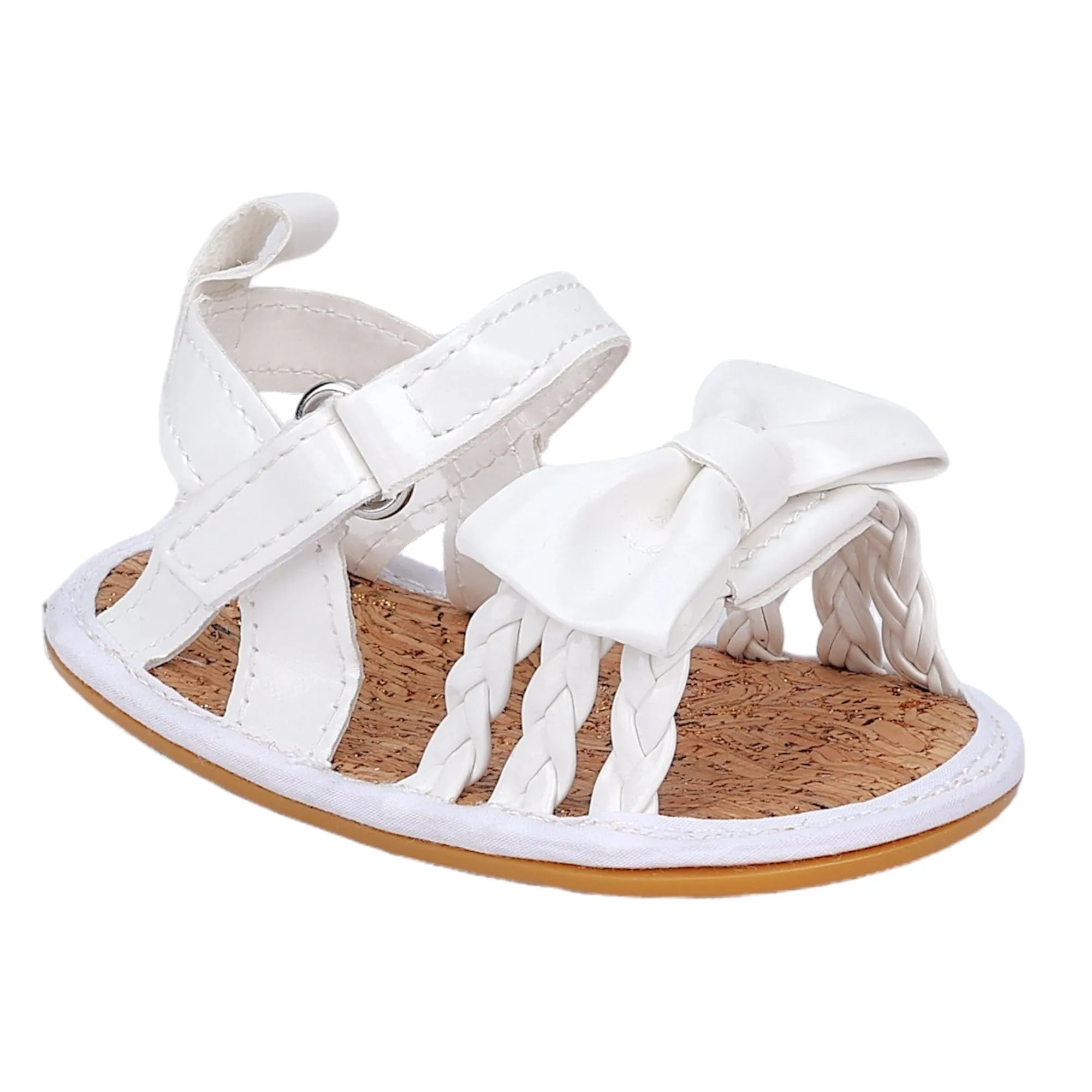 Baby Moo Partywear Patent Leather Bow Velcro Strap Anti-Skid Sandals - White