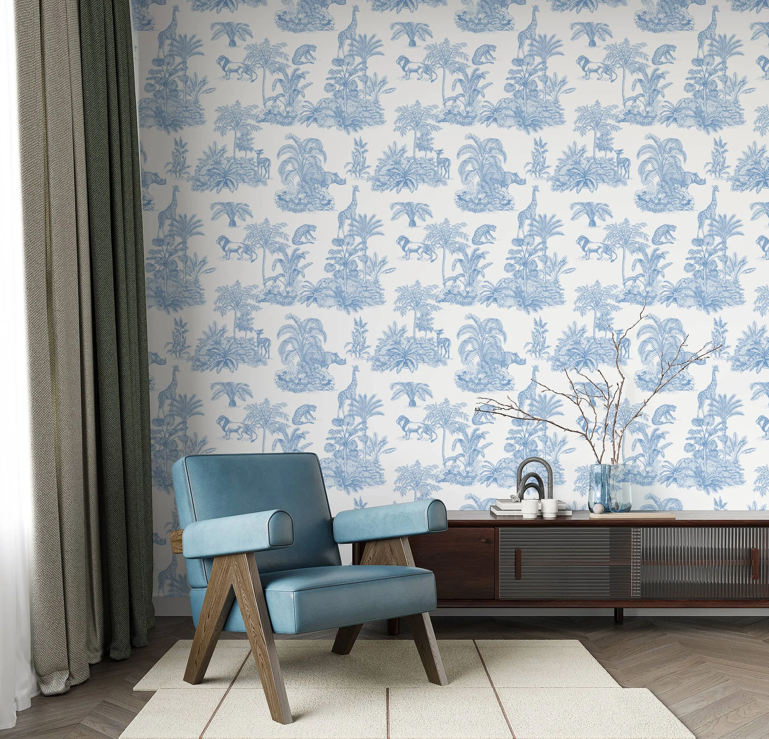 Blue Safari Toile Wallpaper – Jungle Animals in Classic Style