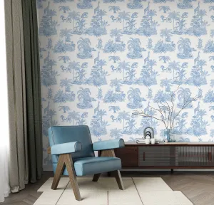 Blue Safari Toile Wallpaper – Jungle Animals in Classic Style