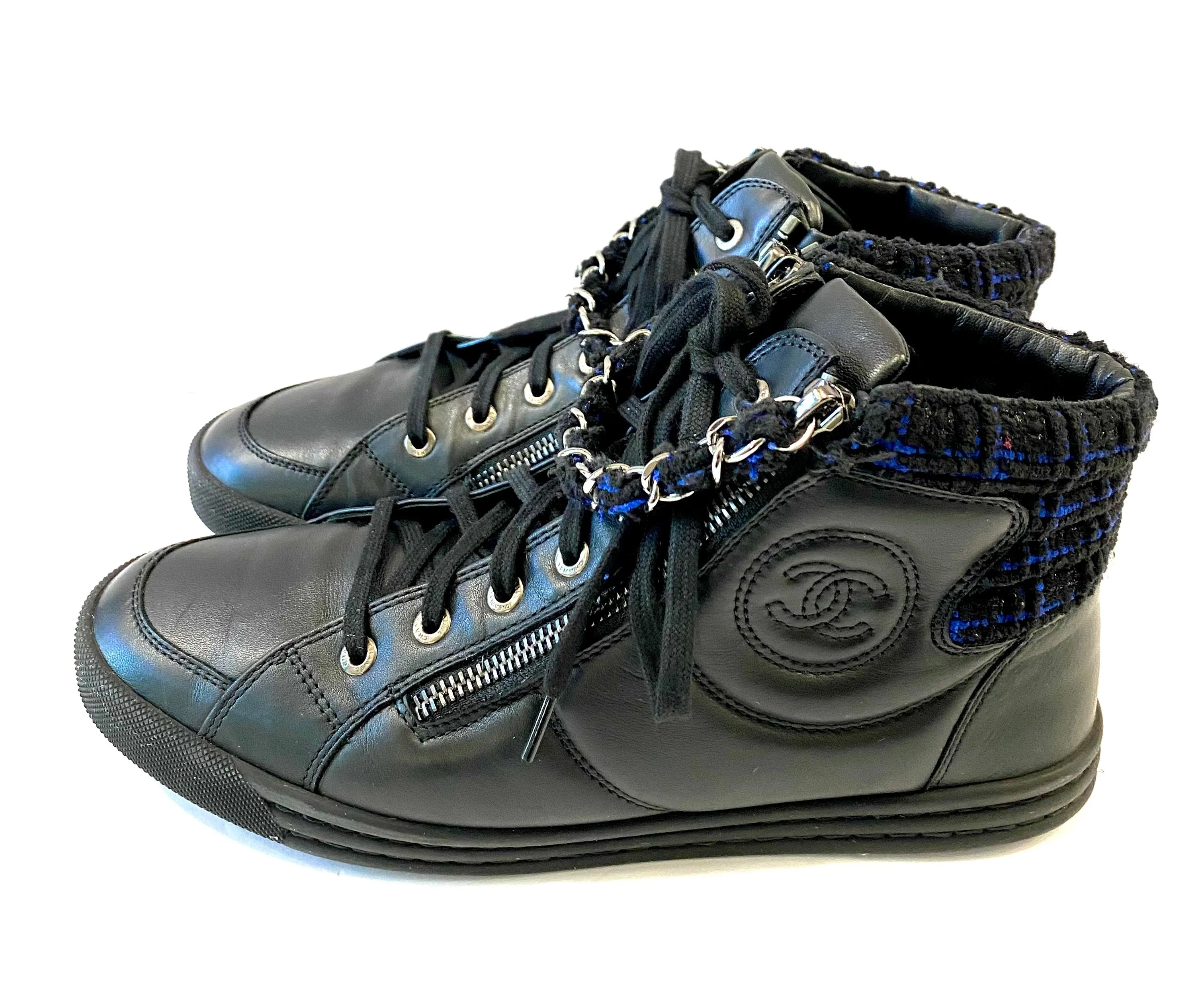 CHANEL LAMBSKIN LEATHER TWEED ZIPPED HI-TOP SNEAKERS