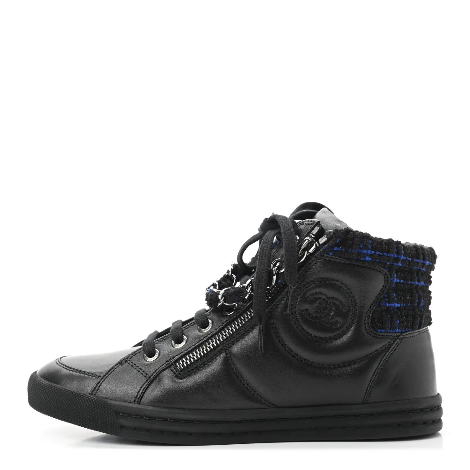 CHANEL LAMBSKIN LEATHER TWEED ZIPPED HI-TOP SNEAKERS