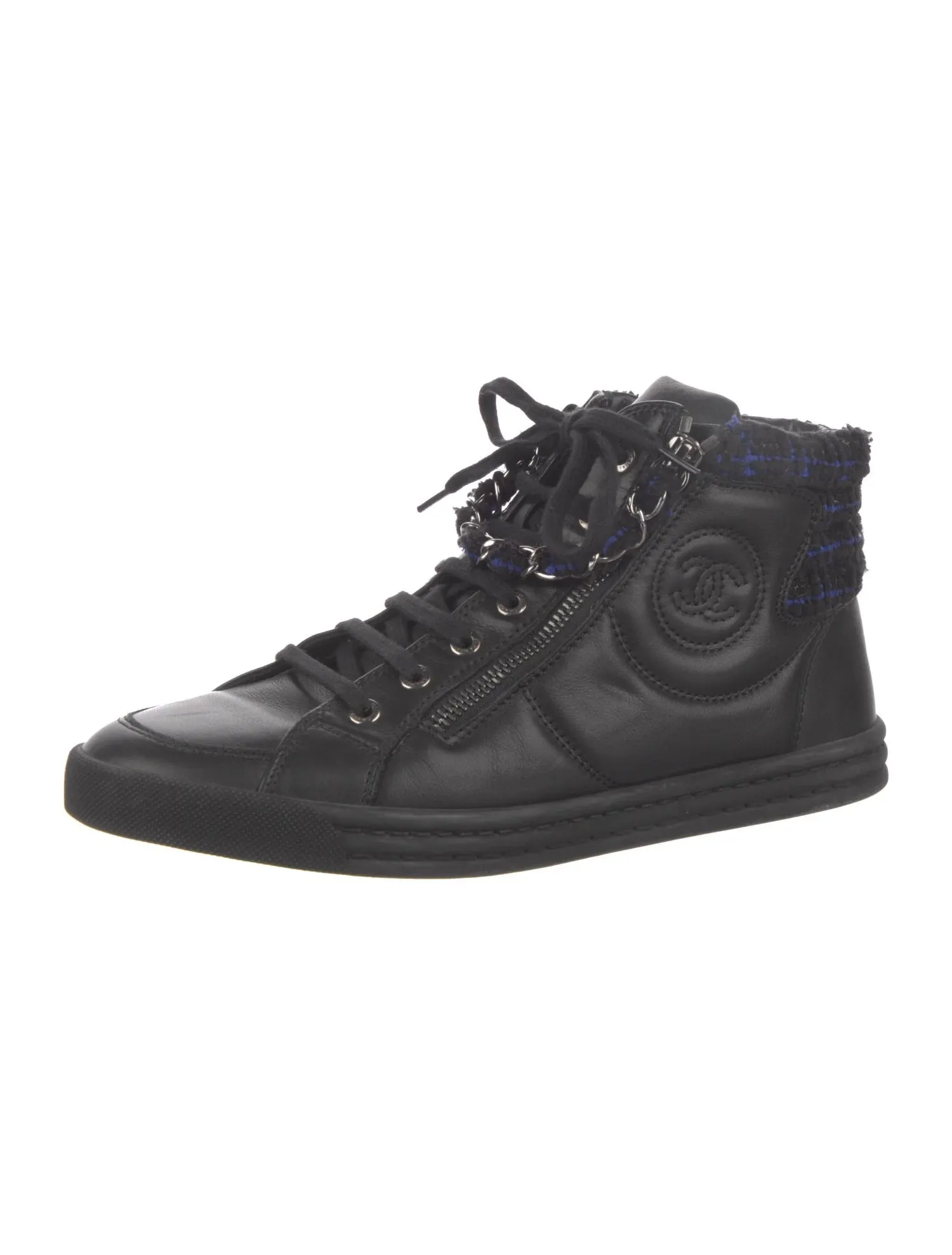 CHANEL LAMBSKIN LEATHER TWEED ZIPPED HI-TOP SNEAKERS