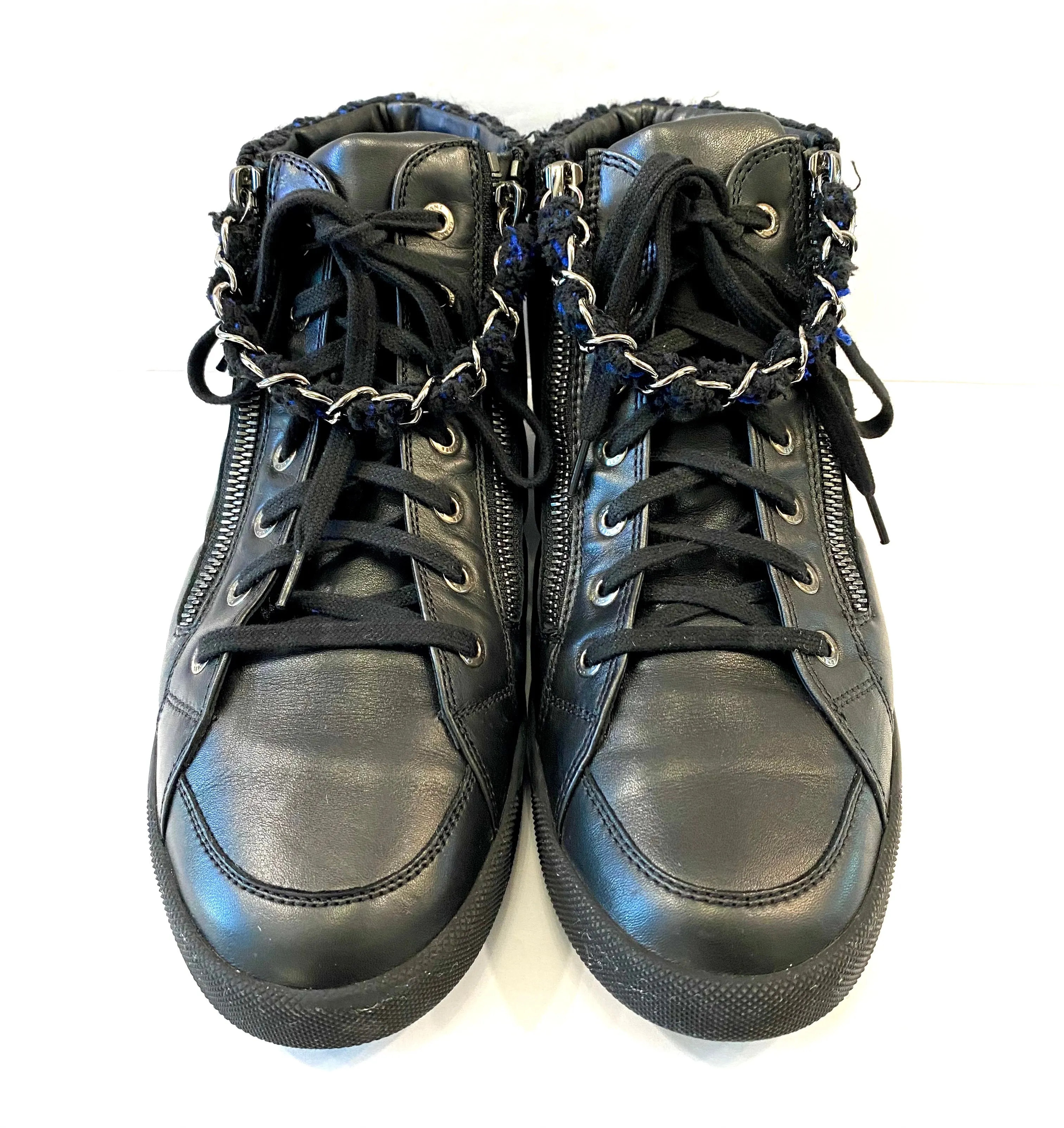 CHANEL LAMBSKIN LEATHER TWEED ZIPPED HI-TOP SNEAKERS