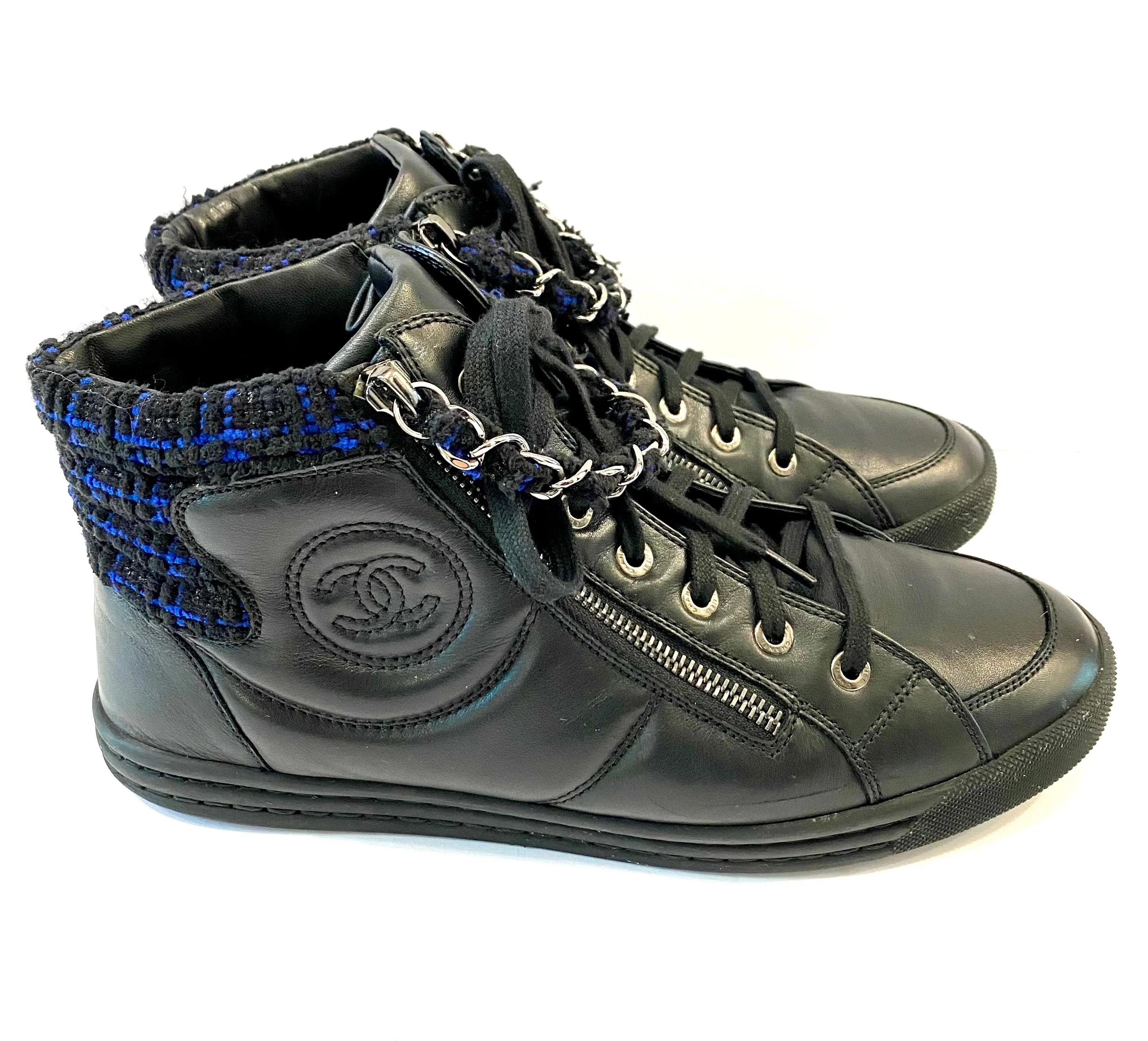 CHANEL LAMBSKIN LEATHER TWEED ZIPPED HI-TOP SNEAKERS