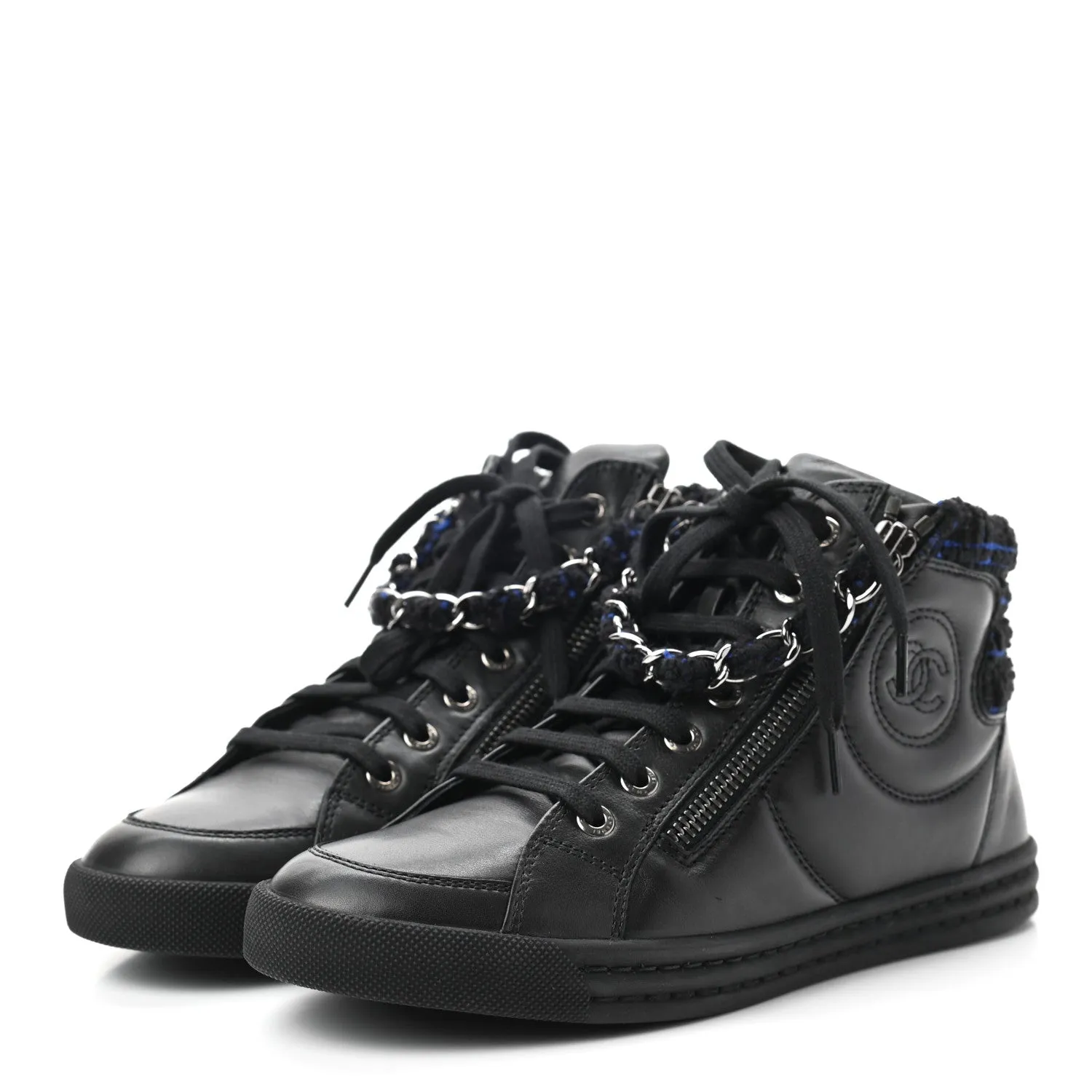 CHANEL LAMBSKIN LEATHER TWEED ZIPPED HI-TOP SNEAKERS