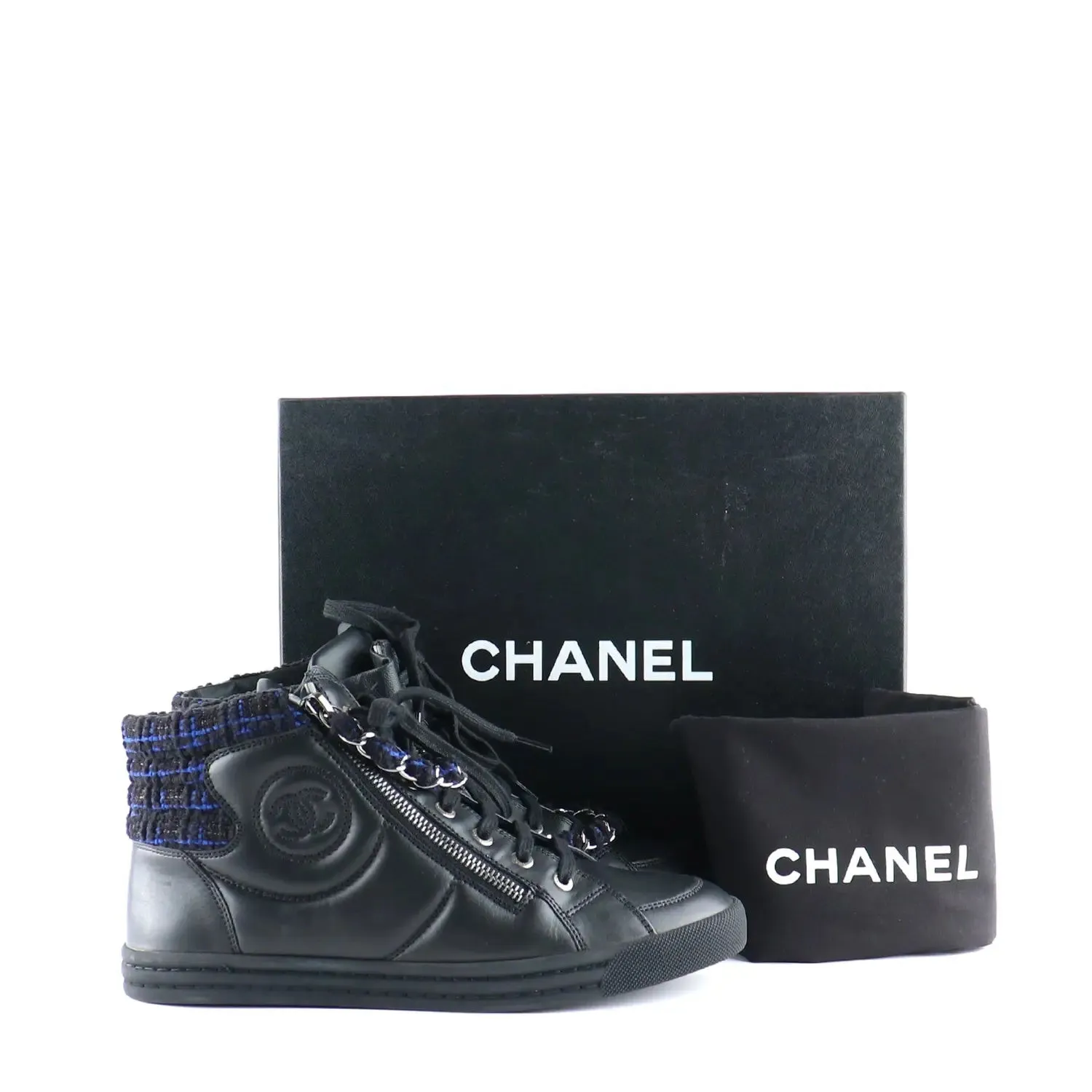 CHANEL LAMBSKIN LEATHER TWEED ZIPPED HI-TOP SNEAKERS
