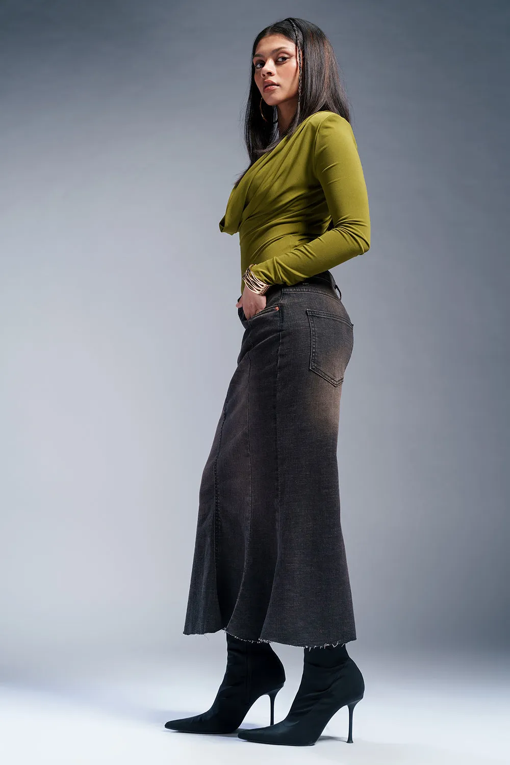 City Black Denim Mermaid Midi Skirt