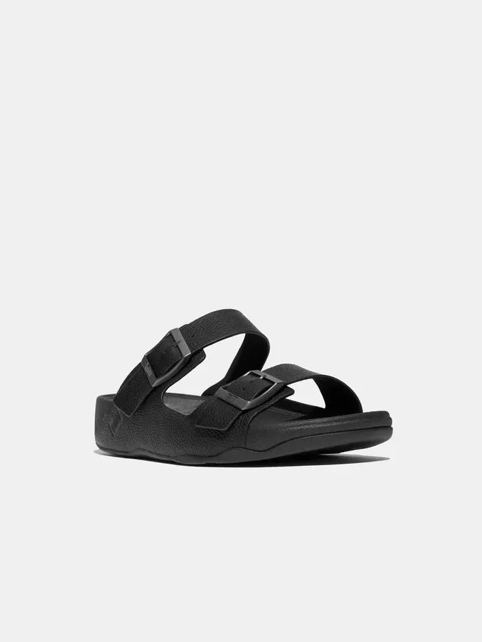 Fitflop Gogh Moc Mens Buckle Tumbled-Leather Slides Black