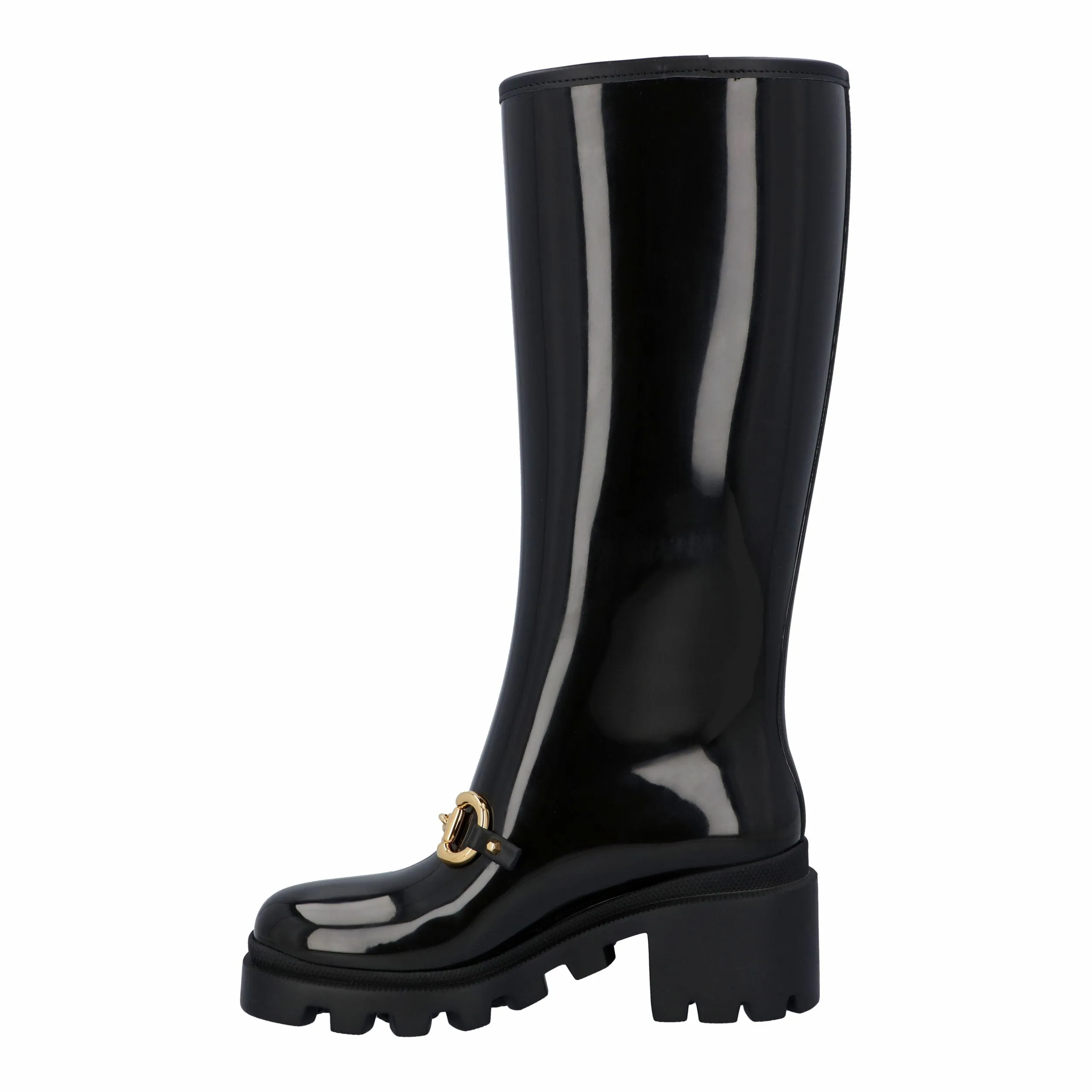 Gucci Women Knee-High Rubber Boot With Horsebit In Black Leather