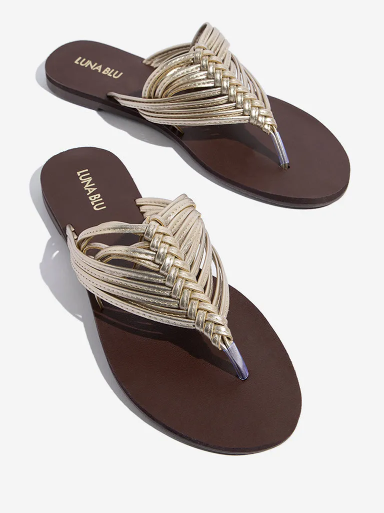 LUNA BLU Gold Woven Thong-Strap Sandals