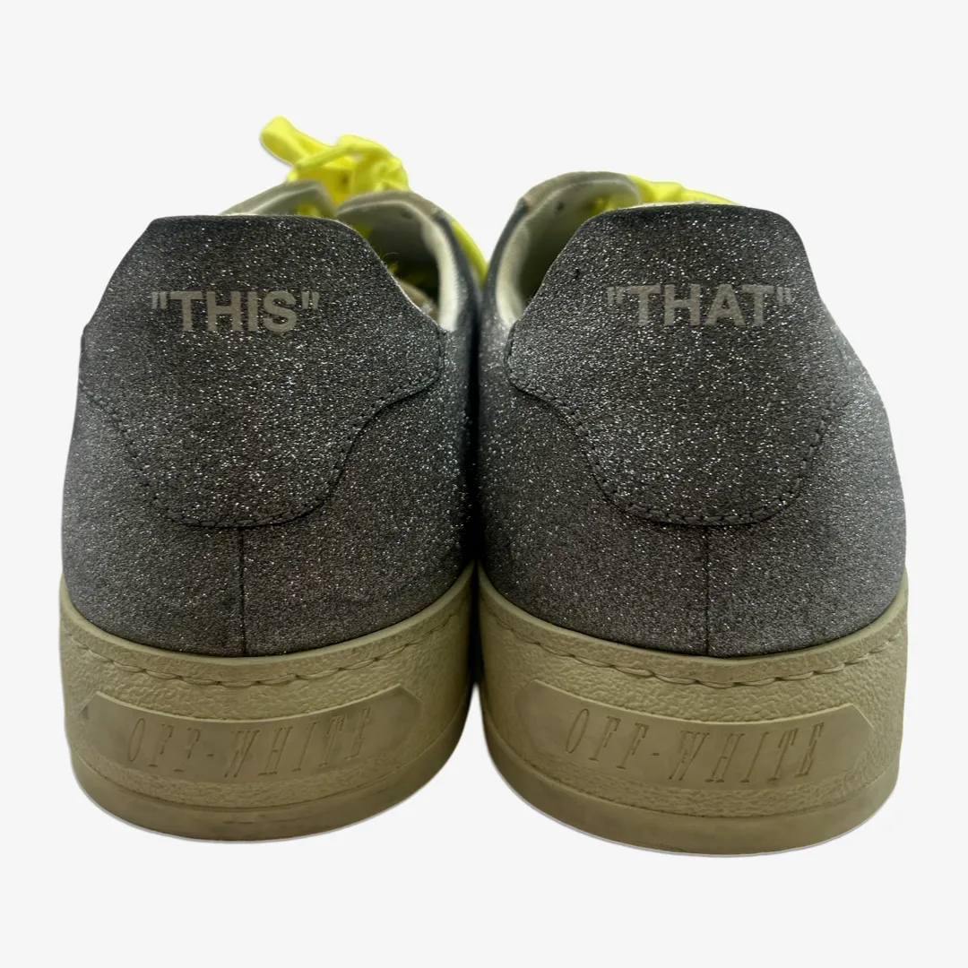 Off-White men's silver glitter sneakers with neon yellow laces