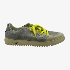 Off-White men's silver glitter sneakers with neon yellow laces