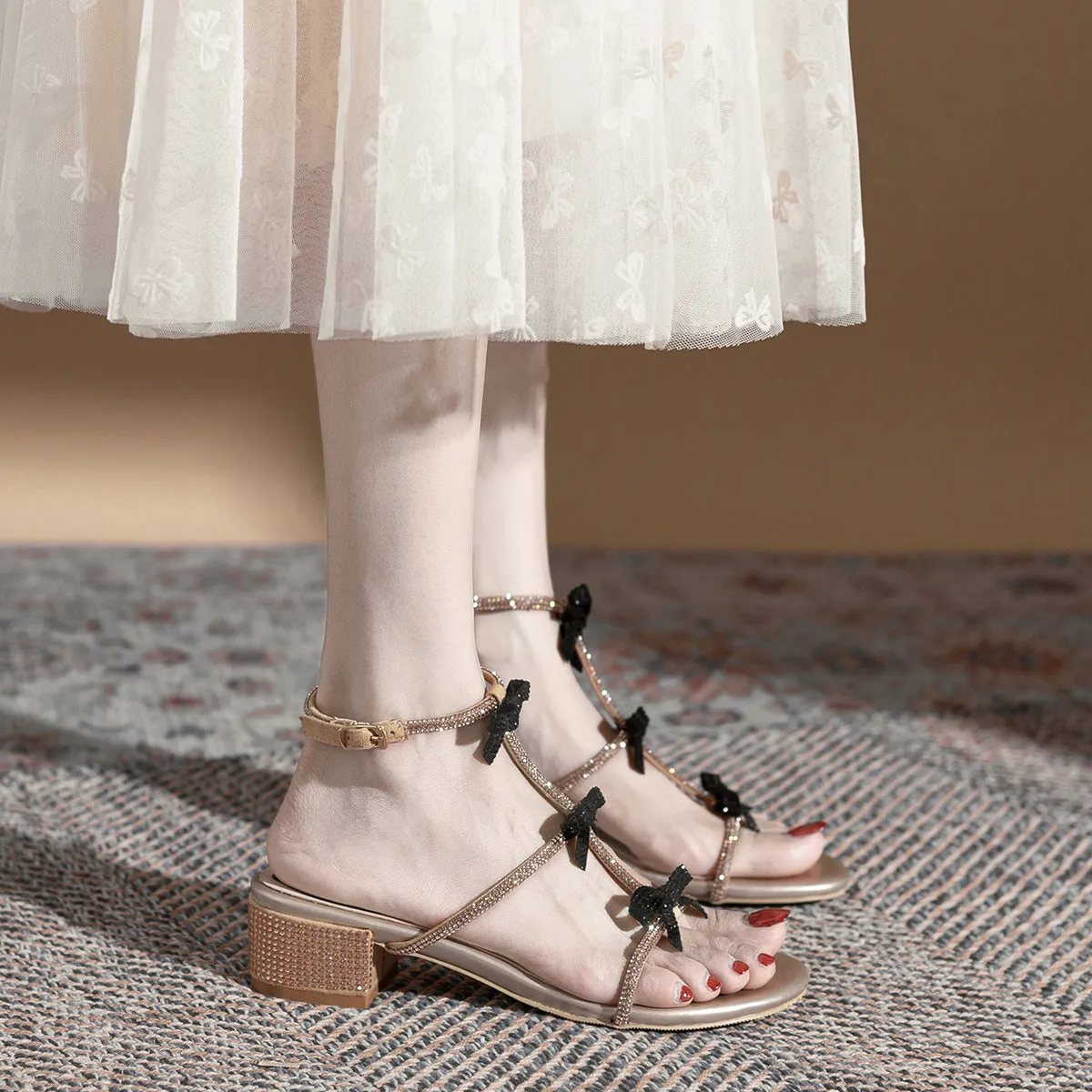 Rhinestone Bow Flat Sandals