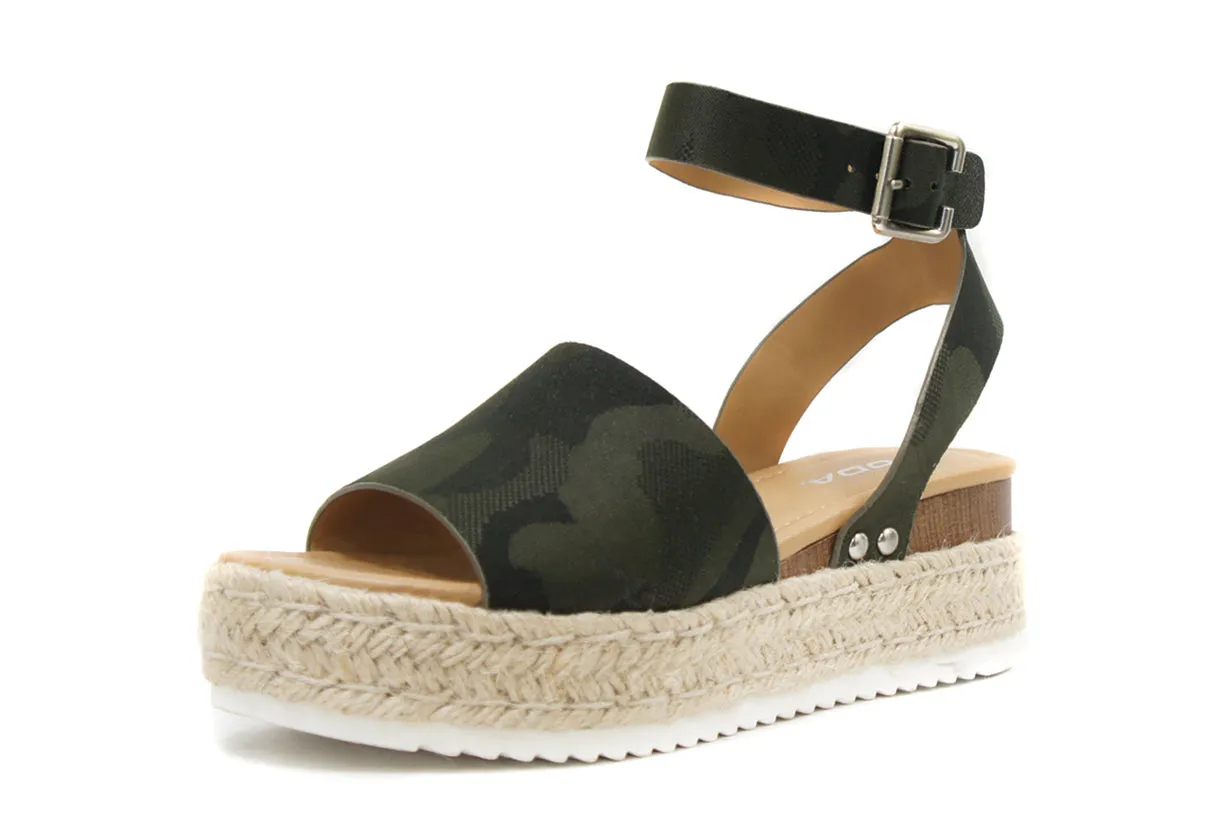 Soda Topic Camo Khaki Open Toe Buckle Espadrilles Flatform Wedge Casual Sandals